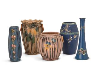 1068
Early 20th century; Fultonham, OH
A group of Weller pottery vases
Three stamped to underside: Weller
Comprising five glazed ceramic vases, each decorated with polychrome floral motifs, 5 pieces
Largest: 8.5" H x 6.125" Dia.; Shortest: 6.125" H x 6.375" Dia.
Estimate: $300 - $400