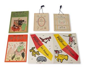 1043
Early/mid-20th century
Two children's calendars and a mobile
Five works:

Milne, A. A. "The Pooh Calendar." Illustrated by Ernest H. Shepard. London: Methuen & Co. Ltd., 1930
10.375" H x 7.75" W

Milne, A. A. "The Very Young Calendar." Illustrated by Ernest H. Shepard. New York: E. P. Dutton & Co. Inc., 1930
10.25" H x 8.125" W

A Winnie-the-Pooh punch-out mobile from E. P. Dutton & company, Inc., housed in original postage from the publisher
14.5" H x 11.5" W

Together with two staple-bound books:
de Brunhoff, Jean, "The Story of Babar the Little Elephant." Racine: Whitman Publishing Company, 1933
13" H x 9.5" W

de Brunhoff, Jean, "The Story of Babar in the Forest." Racine: Whitman Publishing Company, 1933
13" H x 9.5" W

5 pieces
Estimate: $200 - $300