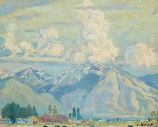 1201
Cornelis Botke
1887-1954
"Topa Topa Mountain" (Ojai), 1927
Oil on canvas laid to board
Signed and initialed lower right: C. Botke / C.B.; titled in ink, in another hand, verso: titled again and dated from a gallery label affixed verso
6.5" H x 8" W
Estimate: $800 - $1,200