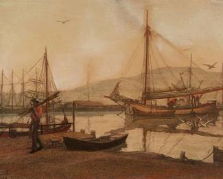 1200
Hernando Gonzallo Villa
1881-1952
Harbor scene with figures and dog, 1928
Colored pencil, pastel, and gouache on paper
Signed and dated lower left: Hernando G. Villa / 9-28
Sight: 12" H x 19.5" W
Estimate: $600 - $800