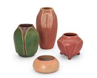 1065
Early 20th century
A group of Arts & Crafts art pottery vessels
Three marked for Rookwood and variously marked: IV [1904] / XXV [1925] / XXI [1921]
Comprising three Rookwood bud vases and a Marblehead Pottery low bowl/vessel, 4 pieces
Tallest: 6.125" H x 3.125" Dia.; Shortest: 1.625" H x 3.5" Dia.
Estimate: $300 - $500