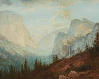 1174
Charles D. Robinson
1847-1933
"Yosemite Valley, from Artist's Point," 1886
Oil on canvas laid to wax canvas
Signed and dated lower right: C.D. Robinson 1886, titled on the frame plaque
20" H x 32" W
Estimate: $800 - $1,200