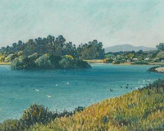 1187
Carl Sammons
1883-1968
"Bird Refuge"
Oil on canvasboard
Signed lower right: Carl Sammons; titled and inscribed in ink, verso: "Santa Barbara, CA"
11.875" H x 16" W
Estimate: $1,200 - $1,800