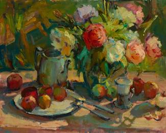 1273
Patricia LeGrande
1941-2024
Still life with florals and apples
Oil on canvas
Signed upper left: P.D. LeGrande
30" H x 40" W
Estimate: $600 - $800