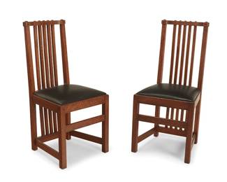 1073
Early 20th century
A pair of Limbert's oak side chairs
Each unmarked
The wood chairs with spindle backs and inset black leather upholstered seat cushions, 2 pieces
Each: 39" H x 18" W x 20.5" D
Estimate: $500 - $700