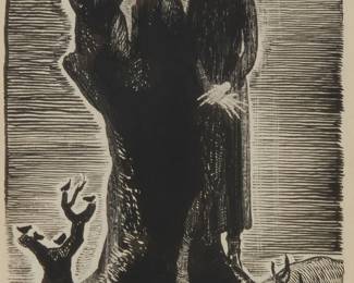 1247
Rockwell Kent
1882-1971
"Newfoundland," 1910
Pen and ink on paperboard
With the artist's black ink estate stamp in the lower margin, at right; titled and dated from a label affixed to the frame's backing board.
Image: 7.875" H x 5.625" W; Paperboard: 12125" H x 9.125" W
Estimate: $300 - $500