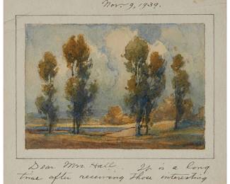 1054
Percy Gray
1869-1952
"Eucalyptus Landscape," 1939
Watercolor on cardstock
Signed verso, at the conclusion of a letter written in ink by the artist: Percy Gray; dated at the center of the upper ruled border: "Nov. 9, 1939"; the letter starting in the lower ruled border and continuing to the verso; titled on a gallery label affixed to the verso of the frame
Image: 3.5" H x 5" W; Sheet: 5.5" H x 6.25" W
Estimate: $1,000 - $2,000