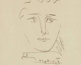 1255
Pablo Picasso
1881-1973
"Pour Roby," from Robert J. Godet, "L'Age de Soleil," 1950
Heliogravure on cream paper
Presumably from the total edition of at least 1114
With the signature and title printed in the plate; Robert J. Godet, Paris, author and publisher
Plate: 9" H x 7" W; Sight: 13.5" H x 10.375" W
Estimate: $500 - $700