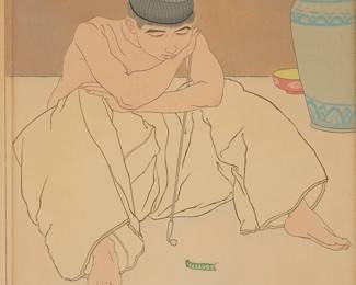 1128
Paul Jacoulet
1902-1960
"La Chenille Verte. Coree," 1936
Woodcut in colors on handmade mulberry paper
From the total edition of fewer than 350 impressions
Signed in pencil above the artist's red ink good luck hammer stamp in the image at the lower right: Paul Jacoulet; the title printed in the lower margin, at right; with the black ink stamps of both the carver, Kentaro Maeda, and the printer, Shunosuke Fujii, in the lower portion of the right margin
Image: 15.375" H x 11.625" W; Sight: 15.625" H x 12" W
Estimate: $200 - $300