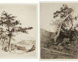 1242
George Elbert Burr (1859-1939)
Two works:

"In Estes Park, Colo.," 1929
Etching on wove paper
From the edition of unknown size
Signed and titled in pencil in the lower margin: George Elbert Burr
Plate: 9.875" H x 7.75" W; Sight: 11.375" H x 9" W

"Old Pine Near Timberline," circa 1923
Etching on wove paper
Edition: No. 7, from an unknown edition size
Signed, titled, and numbered in pencil in the lower margin: © George Elbert Burr / "no. 7"
Plate: 8.375" H x 6.375" W; Sight: 9.625" H x 7.375" W
Estimate: $600 - $800