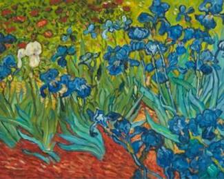 1275
Paul Saltarelli
1955-2019
"Irises (1889)," after Vincent Van Gogh, 1998
Miniature oil on board
With the artist's signature, title, dates of the miniature and the original work, and inscribed in ink, all on the frame's backing paper: Paul Saltarelli / 1998 / "after Vincent Van Gogh, 1889"
2.5" H x 3.25" W
Estimate: $400 - $600