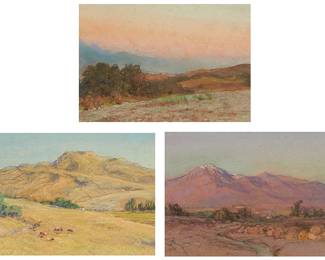 1079
Howard Russell Butler (1856-1934)
Three works:

"California Twilight"
Pastel with traces of graphite on paper
Appears unsigned; titled on a gallery label affixed to the frame's backing paper; with the artist's label signed in ink by the artist's son, Howard Russell Butler Jr., affixed to the frame's backing paper
Sight: 6" H x 9" W

"Cattle Grazing"
Pastel with traces of graphite on paper
Appears unsigned; titled on a gallery label affixed to the frame's backing paper; with the artist's label signed in ink by the artist's son, Howard Russell Butler Jr., affixed to the frame's backing paper
Sight: 6" H x 9" W

"Desert Twilight"
Pastel with traces of graphite on paper
Appears unsigned; titled on a gallery label affixed to the frame's backing paper; with the artist's label signed in ink by the artist's son, Howard Russell Butler Jr., affixed to the frame's backing paper
Sight: 6" H x 9" W
Estimate: $800 - $1,200