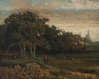 1078
Charles Walter Stetson
1859-1911
'Father and Son on a Forest Path," 1876
Oil on canvas laid to canvas
Signed and dated at the center of the lower edge: 1876 Ch. Walt. Stetson; titled by repute
14" H x 16" W
Estimate: $1,000 - $1,500