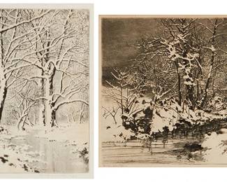 1240
George Elbert Burr (1859-1939)
Two works:

"Brook in Winter"
Etching and drypoint on wove paper
From the edition of unknown size
Signed, titled, and numbered in pencil in the lower margin: George Elbert Burr / "no. 3"
Plate: 9.875" H x 7.875" W; Sight: 11.125" H x 9.125" W

"Winter Morning"
Etching on wove paper
From the edition of unknown size
Signed in pencil in the lower margin, at left: George Elbert Burr
Plate: 10" H x 11.875" W; Sight: 10.375" H x 12.5" W
Estimate: $600 - $800