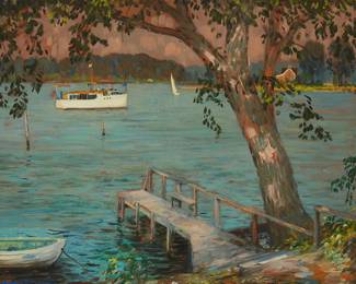 1196
Alfred Richard Mitchell
1888-1972
"The Spunky at Rock Hall, Maryland"
Oil on board
Signed lower left: Alfred R. Mitchell; titled in pencil, verso
16" H x 20" W
Estimate: $2,000 - $3,000