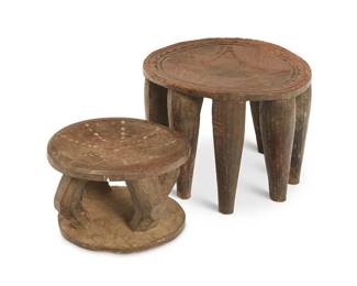 1250
19th/20th century
Two African carved wood stools
The round stools, each with incised details, comprising one stool with four bent legs above a round base and another with ten tapered legs, 2 pieces
Larger: 10.5" H x 15" W x 13.5" D; Smaller: 7" H x 11.25" Dia.
Estimate: $300 - $500