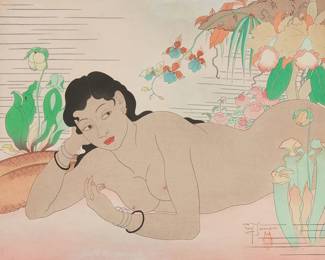 1123
Paul Jacoulet
1896-1960
"Dans la Nature. Angur," 1949
Woodcut in colors on handmade mulberry paper
Edition: One of fewer than 275 total impressions
Signed in pencil above the artist's red ink owl stamp in the image at the lower right: Paul Jacoulet; the title printed in the lower margin, at right; with the black ink stamps of Kentaro Maeda, carver; and Fusakichi Ogawa, printer, in the lower portion of the left margin
Image: 11.75" H x 15.5" W; Sight: 12" H x 15.625" W
Estimate: $300 - $500