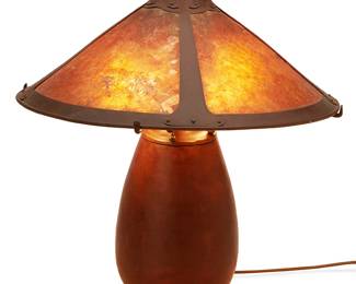 1089
Early 20th century
An Art & Crafts copper table lamp
Unmarked
The four-light lamp in the manner of Dirk van Erp, with hammered copper bulbous base and copper and mica shade, electrified
Overall: 20.5" H x 19" Dia.
Estimate: $1,000 - $2,000