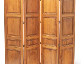1233
Early/mid-20th century; Pasadena, CA
A George S. Hunt paneled wood screen
Each panel with metal tag to underside: Geo. S. Hunt / Hand Made Furniture / Pasadena California
The four-panel screen, each with iron hinges and aluminum feet
Each panel: 72.25" H x 20" W x 1.25" D; Stored: 4.875" D
Estimate: $500 - $800