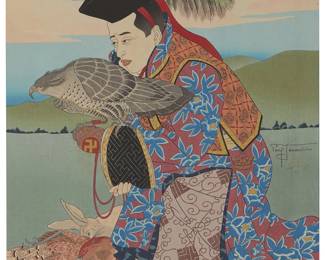 1115
Paul Jacoulet
1902-1960
"Jeu Princier. Mongol," 1956
Woodcut in colors with metallic highlights on handmade mulberry paper, watermark the artists initials
Edition: One of fewer than 60 impressions printed from an intended edition of 350
Signed in pencil above the artist's red ink peony stamp in the image near the center of the right edge: Paul Jacoulet; the title printed in the lower margin, at right; with the red ink elaborate PJ stamp on the verso of the lower right margin corner; with the black ink stamps of both the carver, Kentaro Maeda, and the printer, Tetsunosuke Honda, in the lower portion of the right margin
Image: 15.375" H x 11.75" W; Sheet 17.25" H x 13.625" W
Estimate: $600 - $800