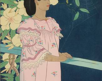 1121
Paul Jacoulet
1902-1960
"Fleurs du Soir. Truck-Toloas," 1941
Woodcut in colors and powdered silver on handmade mulberry paper
Edition: One of fewer than 200 total impressions
Appears unsigned; the title printed in the lower margin; with the black ink stamps of both the carver, Kentaro Maeda, and the printer, Fusakichi Ogawa, in the lower portion of the right margin
Image: 15.375" H x 11.625" W: Sight: 15.5" H x 12" D
Estimate: $300 - $500