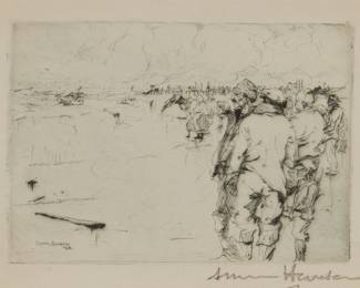 1007
Armin Carl Hansen
1886-1957
"Storm," 1922
Drypoint on white wove paper
From the edition of unknown size
Signed in pencil in the lower margin: Armin Hansen; with the printed signature and date in the plate at lower left: 22
Plate: 2.5" H x 3.5" W; Sight: 3.125" H x 4.125" W
Estimate: $700 - $900