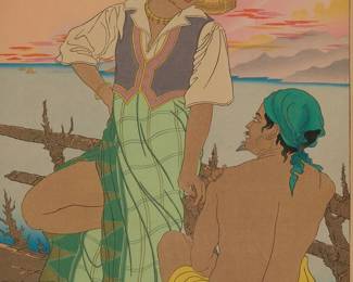 1126
Paul Jacoulet
1902-1960
"Coucher de Soleil a Menado. Celebes," 1938
Woodcut in colors on handmade mulberry paper
Edition: one of fewer than 250 total impressions
Signed in pencil above the artist's red ink tea jar stamp in the image at the lower left: Paul Jacoulet; the title printed in the lower margin, at right; with most of the black ink stamp of both the carver, Kentaro Maeda, showing in the lower portion of the right margin
Image: 15.375" H x 11.625" W; Sight: 16" H x 11.875" W
Estimate: $300 - $500