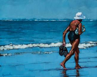 1264
Karin Jurick
1961-2021
"Truckin' "
Oil on board
Signed lower left: K. Jurick; titled from a magazine article; with an alternative title "Lickety Split" from a gallery label affixed to the frame's backing paper
8" H x 10" W
Estimate: $700 - $900