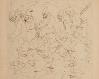 1011
Armin Carl Hansen
1886-1957
"Fishermen Walking," 1925
Etching on cream wove paper
From the edition of unknown size
Signed and titled in pencil in the lower margin: Armin Hansen; with the printed initials and date in the plate at lower right: A.H. / 25
Plate: 3.75" H x 3.75" W; Sight: 4.625" H x 4.625" W
Estimate: $700 - $900