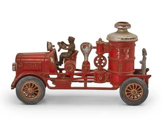 1149
Early 20th century; Lancaster, PA
A Hubley cast iron fire pumper toy
Marked on each tire: Hubley Mgf. Co. / Balloon 34 x 5 Cord
The red and silver enameled cast iron toy with driver and rear rider figures, set on four wheels with rubber tires
7.25" H x 12.375" W x 3.75" D
Estimate: $300 - $500