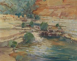 1205
Charles Arthur Fries
1854-1940
Stream pool
Oil on canvas
Signed lower right: C.A. Fries
9.125" H x 11.125" W
Estimate: $1,000 - $1,500