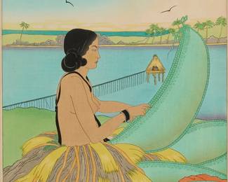 1119
Paul Jacoulet
1902-1960
"La Tresseuse de Paniers. Remoue, Yap," 1948
Woodcut in colors on handmade mulberry paper
From the total edition of fewer than 300 impressions
Signed in pencil above the artist' red peach stamp in the image at the lower right: Paul Jacoulet; the title printed in the lower margin, at right; according to Miles, carved by Kentaro Maeda, and printed by either Tetsunosuke Honda or Shunosuke Fujii, although none of these black ink stamps showing as currently matted and framed
Image: 15.25" H x 11.75" W; Sight: 16" H x 11.875" W
Estimate: $400 - $600