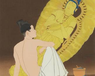 1122
Paul Jacoulet
1902-1960
"Le Génie Sans Noms. Corée," 1953
Woodcut in colors on handmade mulberry paper
Edition: One of fewer than 145 total impressions
Signed in pencil above the artist's red ink peony stamp in the image at the lower right: Paul Jacoulet; the title printed in the lower margin, at right; Kentaro Maeda, carver; Onodera, printer
Image: 15.5" H x 11.75" W; Sight: 15.75" H x 12" W
Estimate: $300 - $500