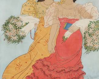 1117
Paul Jacoulet
1902-1960
"Le Chemin a L'Eglise, Chamorros de Guam," 1939
Woodcut in colors on handmade mulberry paper
Edition: One of fewer than 200 total impressions
Signed in pencil above the artist's red ink boat stamp in the image at the lower right: Paul Jacoulet; the title printed in the lower margin, at right; Kentaro Maeda, carver; Honda Uchikawa or Onodera, printer
Image: 15.5" H x 11.875" W; Sight: 15.875" H x 12.125" W
Estimate: $400 - $600