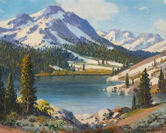 
1158
Carl Sammons
1883-1968
"Tioga Lake, High Sierra"
Oil on canvasboard
Signed lower right: Carl Sammons; titled in pencil, verso; signed and titled again, possibly in another hand, on a previous frame's backing paper, cut out and affixed to the frame's backing board
12" H x 16" W
Estimate: $1,000 - $1,500
