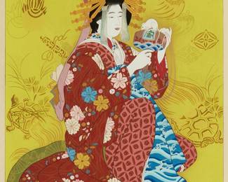 1108
Paul Jacoulet
1902-1960
'Daikoku, Dieu de la Richesse Personnifié par une Courtisane du Shimabara. Kyoto, Japan," 1952
Woodcut in colors with gold, silver, and bronze metallics, pink and green pearl on handmade mulberry paper with the artist's watermark
Edition: One of fewer than 350 total impressions
Signed in pencil above the artist's red ink coin in the image near the center of the left edge: Paul Jacoulet; the title printed in the lower margin, at right; the stamp-number missing from the verso; with the black ink stamp of the carver, Kentaro Maeda, and the printer, Yoshizo Onodera, in the lower portion of the right margin; with an indistinct red ink collector's stamp (presumably) in the lower margin edge, at left, verso
Image: 15.5" H x 11.875" W; Sheet: 18.75" H x 14" W
Estimate: $600 - $800