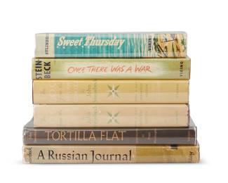 1049
John Steinbeck (1902-1968)
A group of Viking Press First Edition hardcover books, 1947-1958; New York
Six works:

"Tortilla Flat," 1947
First Illustrated Editon

"A Russian Journal," 1948

"The Log from the Sea of Cortez," 1951
2 copies

"Sweet Thursday," 1954

"Once There Was a War," 1958

8 pieces total
Smallest: 8.625" H x 6" W x 1.125" D; Largest: 9.75" H x 7" W x 1.125" D
Estimate: $2,000 - $3,000