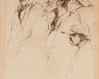 1009
Armin Carl Hansen
1886-1957
'Men of the Sea," 1937
Etching on cream wove paper
From the edition of unknown size
Signed and titled in pencil in the lower margin: Armin Hansen; with the printed signature and date in the plate at lower right: 37
Plate: 6.875" H x 5" W; Sight: 7.25" H x 5.375" W
Estimate: $700 - $900