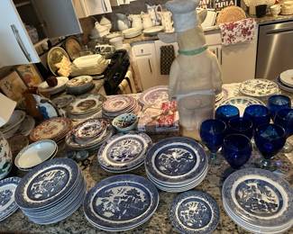 Various makers Blue Willow, hand blown cobalt goblets 