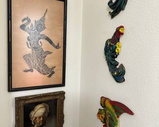 Thai Temple Rubbing and chalkware birds