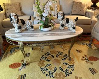 Marble top coffee table with Staffordshire-style dogs