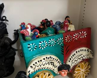 Mexican Folk Art Clay Chicken Wagon