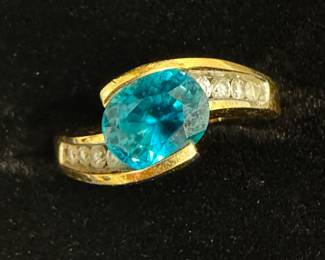 Blue Topaz, Diamond 14 K Yellow Gold Ring