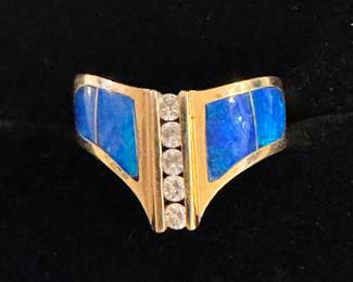 Inlaid Natural Opal, Diamonds 14 K Gold Ring