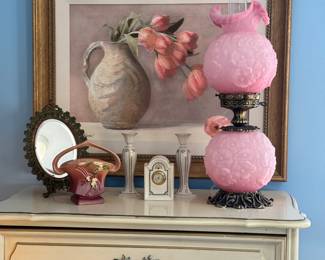 Fenton Pink Rose Satin Poppy Gone with The Wind Lamp