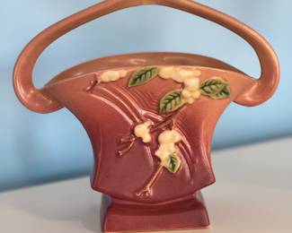 Vtg Roseville Pottery Art Deco Snowberry Basket Planter
