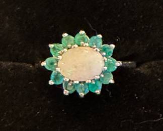 Natural Opal, Emerald Ring 10 K