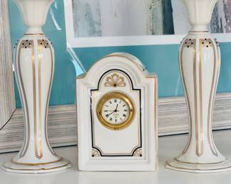 Vtg Lenox Traditional Brunswick Black Art Deco Clock & Candle Sticks