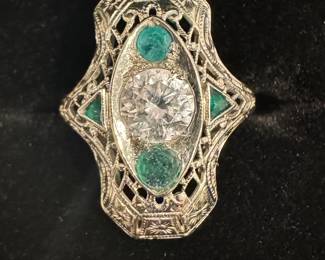 Art Deco Diamond, Emerald, 14 K White Gold Ring