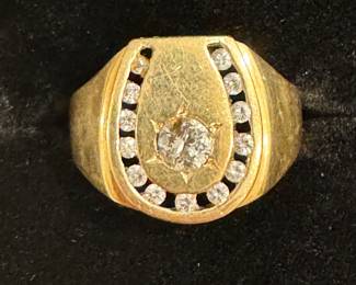 Vtg Men's Equestrian Diamond, 14 K Gold Ring
